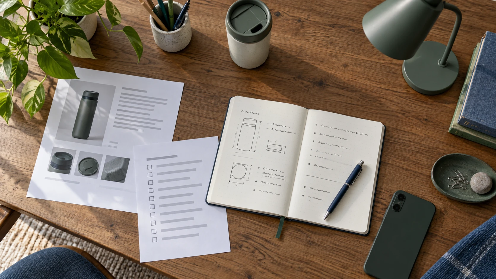 Desk with an unbranded product, notebook and policy documents