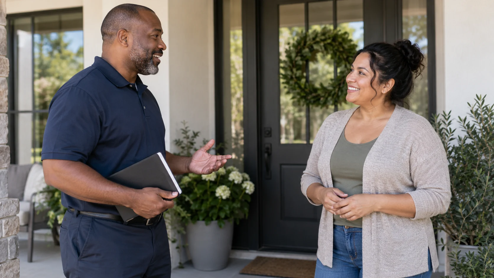 Two adults talking at a house entrance, one holding a closed folder