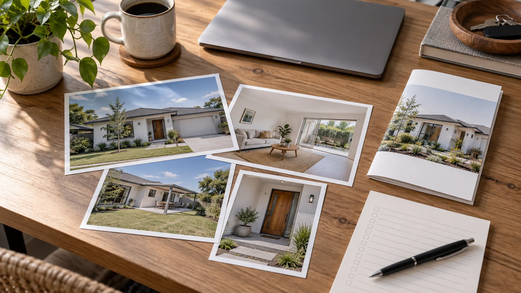Fotos de um imóvel e uma ficha de apresentação sobre uma mesa