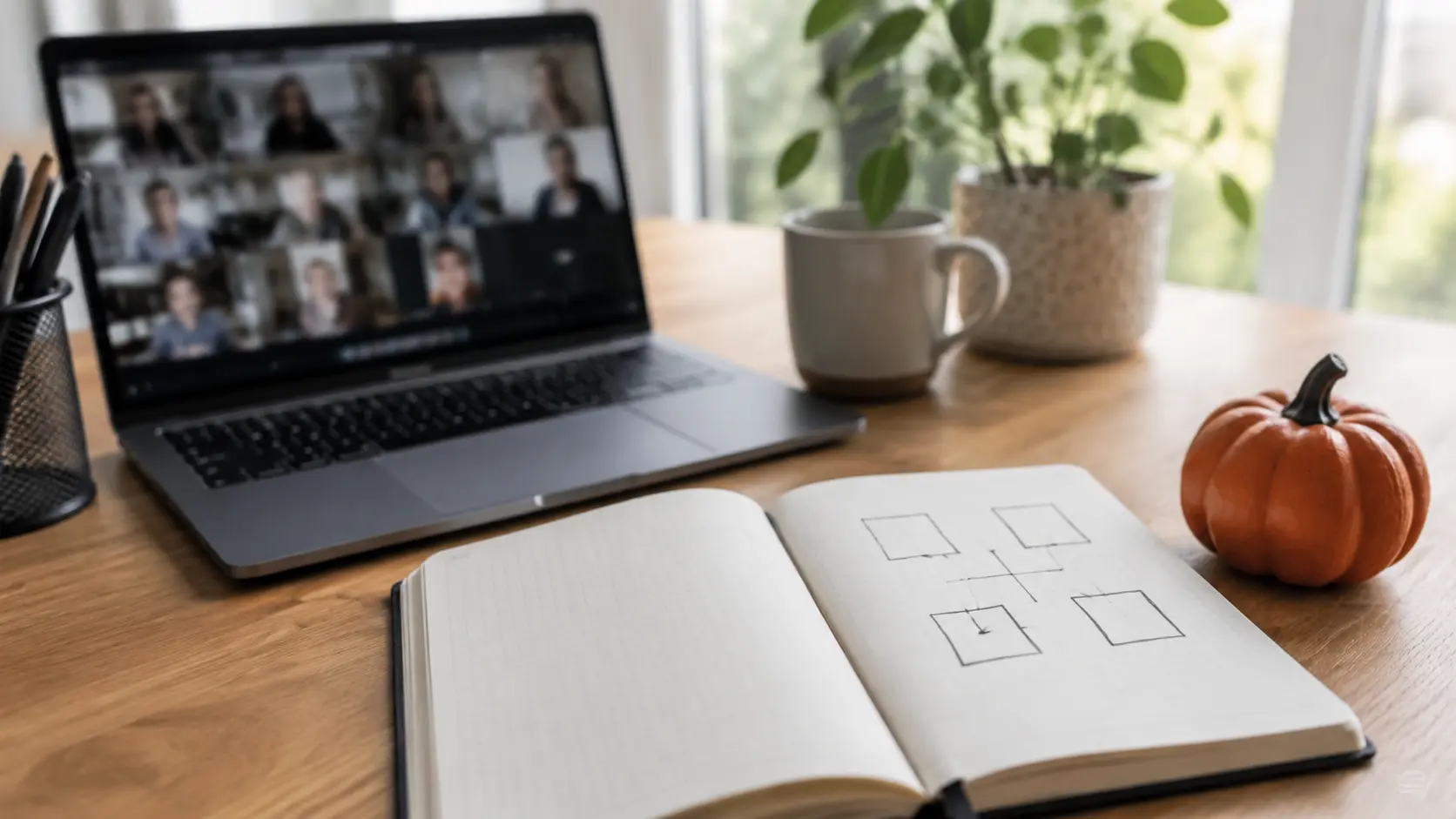 Laptop mostrando una grilla de videollamada ilegible junto a un cuaderno con un organigrama simple de cuatro salas con monstruos y una calabaza de papel, con luz suave de oficina en casa