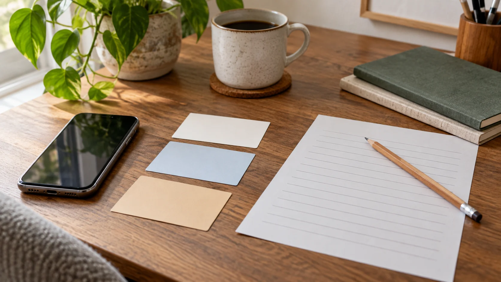 Three blank cards beside a lined sheet and dark-screen phone