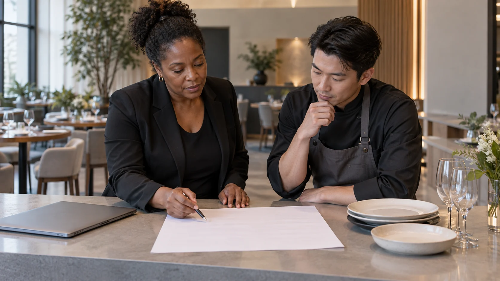 Restaurant staff reviewing a blank group-service plan at a counter