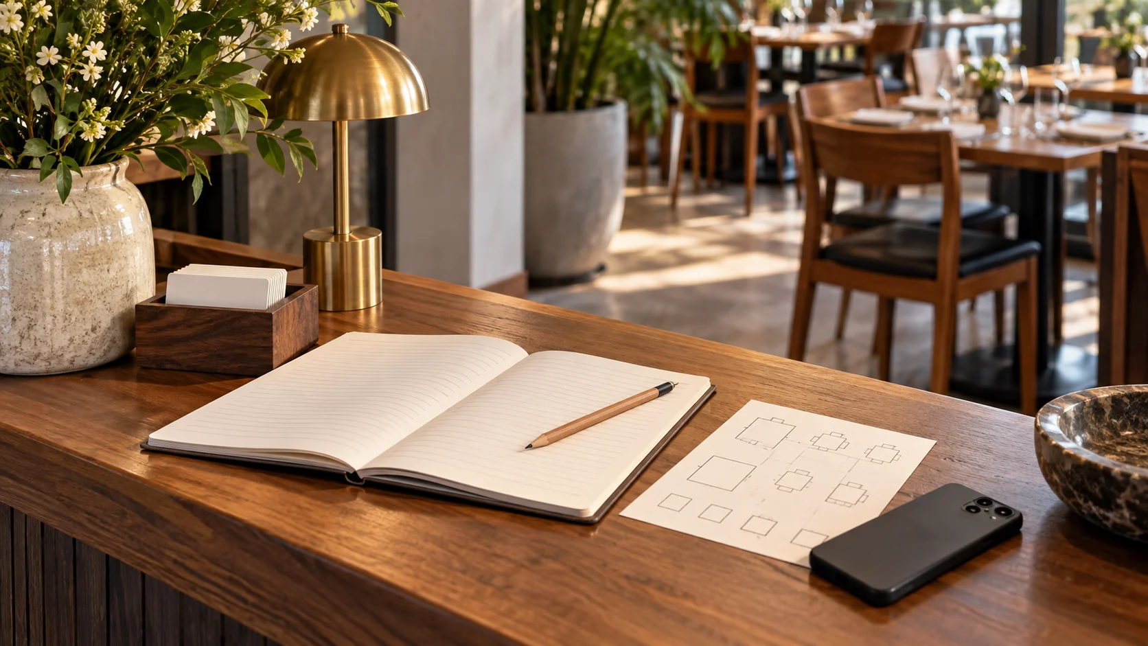 Mesa de restaurante con cuaderno en blanco, plano de mesas y móvil boca abajo