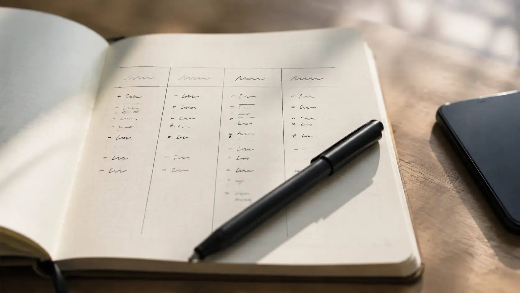 Primer plano de un cuaderno de papel abierto sobre un escritorio con una cuadrícula de cuatro semanas dibujada a mano, una lapicera cruzada y el borde de un celular boca abajo al lado, luz suave de ventana