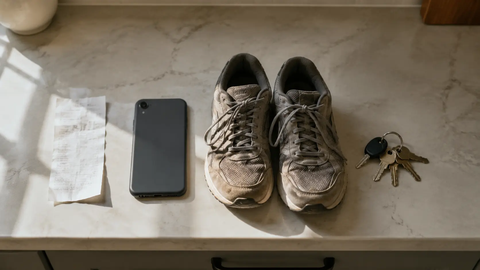 Mesada de cocina vista desde arriba con un ticket de súper en papel, un celular, un par de zapatillas de caminata y un juego de llaves alineados, luz de la mañana de costado