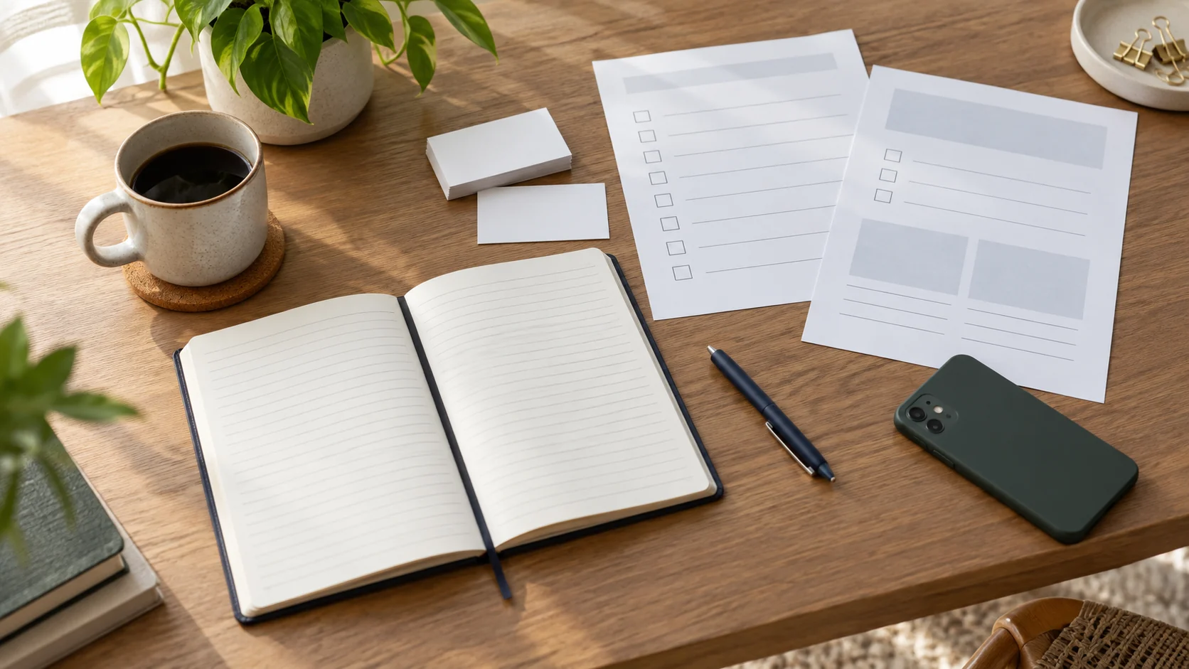 Notebook and blank cards arranged for a professional contact plan
