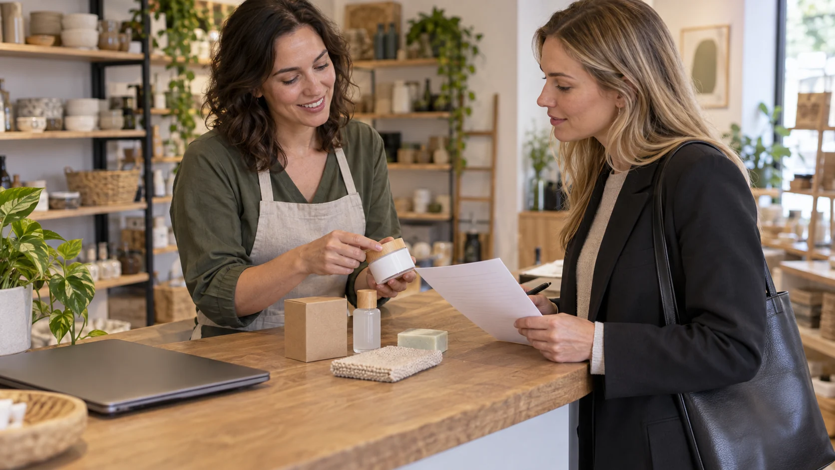 Shop buyer and brand representative reviewing reorder notes and product samples