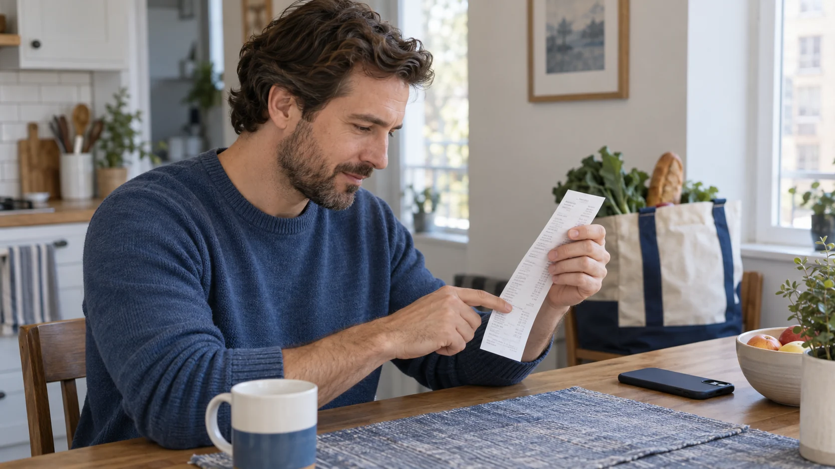 Man reading a paper receipt and pointing to one of its lines.