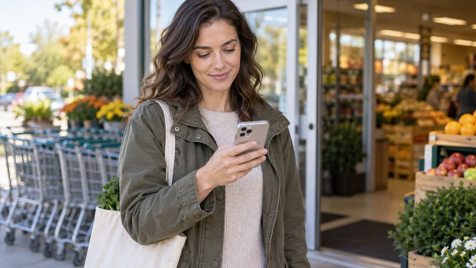 Shopper near a store entrance checking her phone before walking in