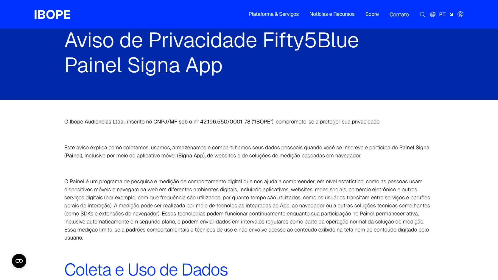 Captura do aviso público de privacidade em português do IBOPE/Fifty5Blue para o Painel Signa App