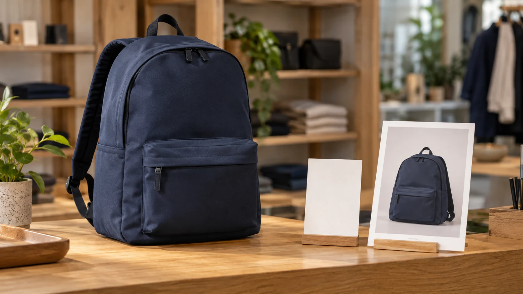 Single backpack beside a blank product campaign card