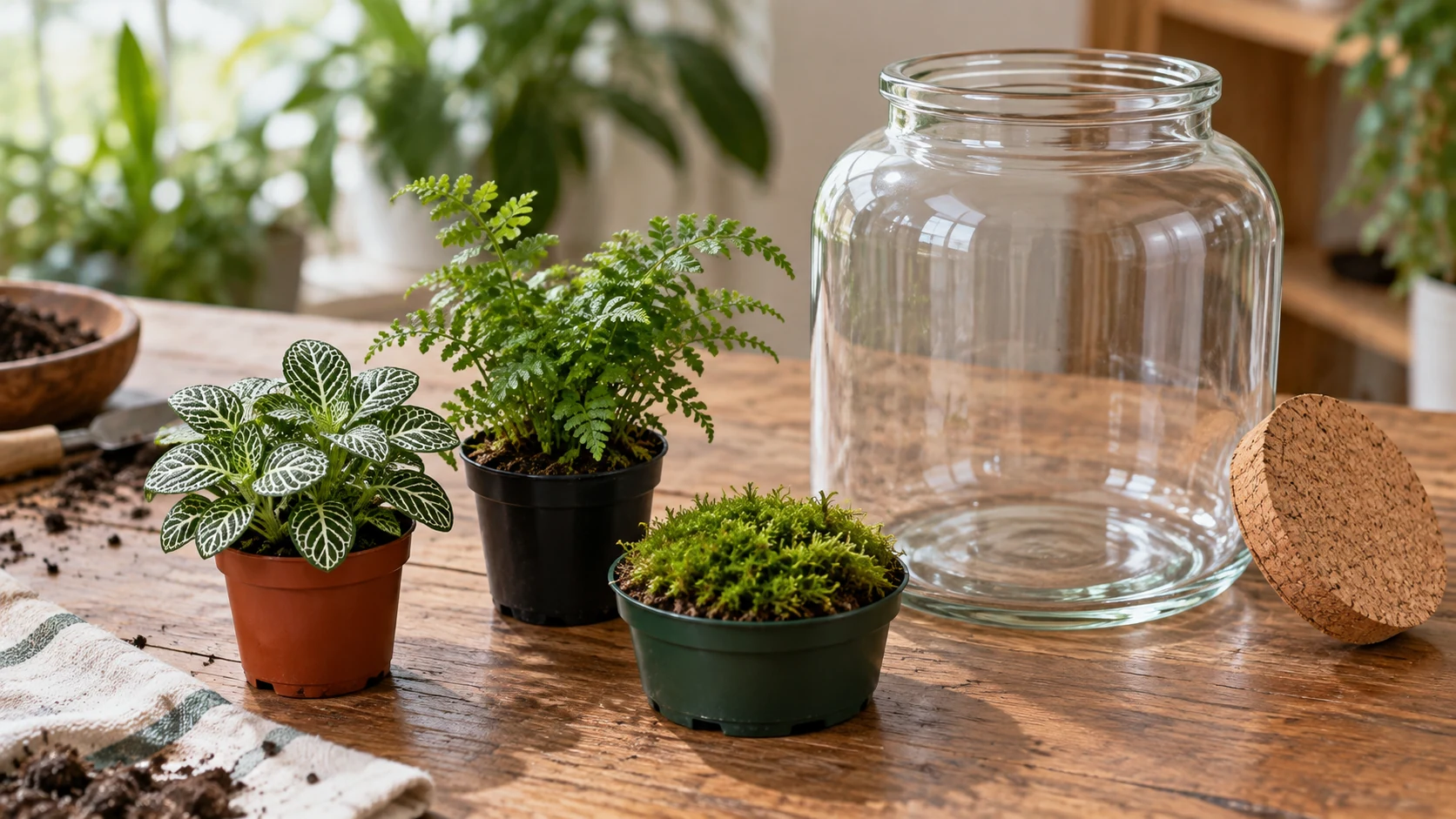 Una fitonia, un helecho pequeño y una planta parecida al musgo colocados junto a un frasco de terrario transparente para comparar el tamaño