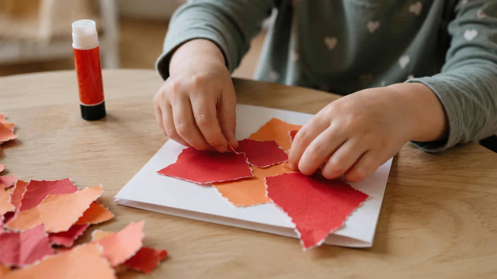 Mãos pequenas colando pedaços rasgados de papel vermelho e laranja num cartão branco dobrado, numa mesa baixa, com cola bastão e uma pilha de sobras de papel rasgado ao lado