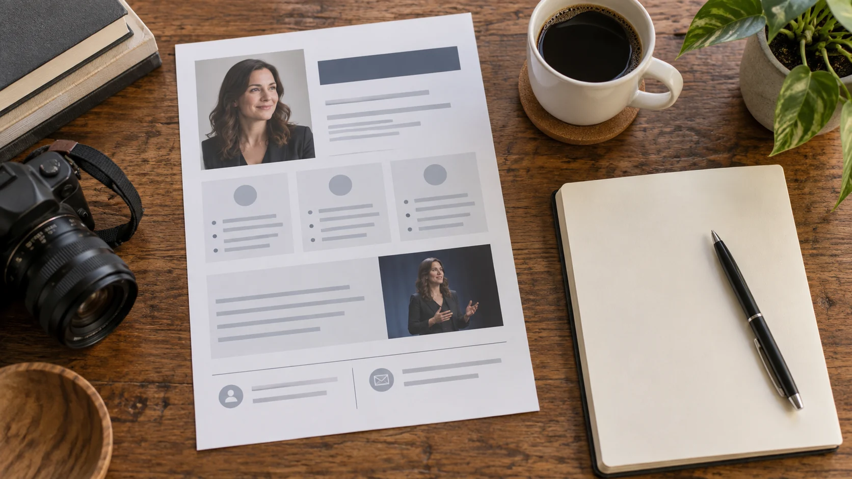 Speaker one-sheet with portraits and abstract lines beside a blank notebook