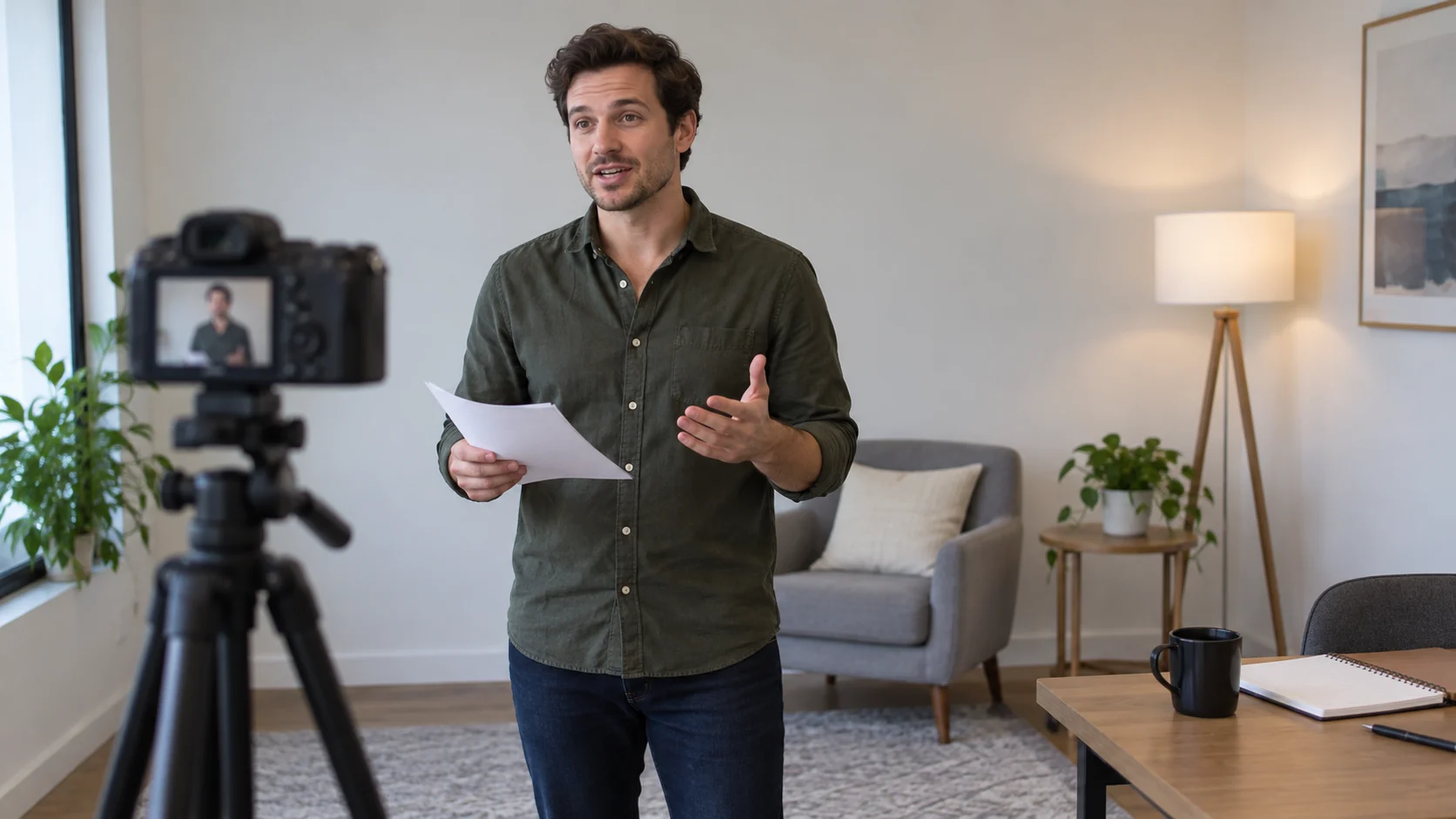 Speaker rehearsing a short talk with a camera on a tripod