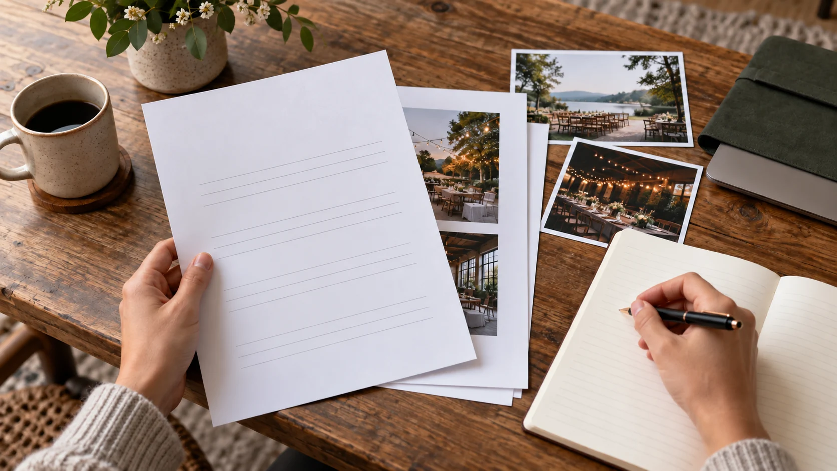 Manos revisando páginas sin texto de propuesta de patrocinio junto a fotos del lugar y un cuaderno