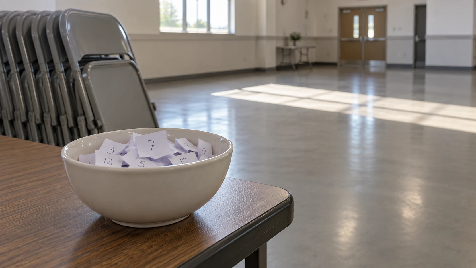 A bowl filled with folded numbered paper slips resting on a table beside stacked folding chairs in a bright empty hall