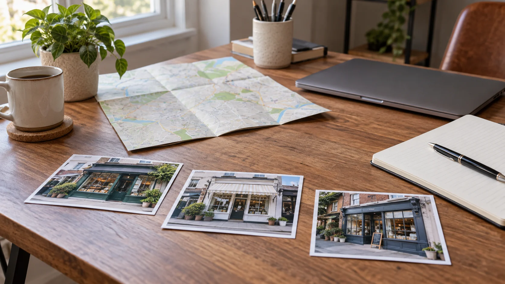 Fotos de tiendas, mapa y cuaderno sobre una mesa de planificación de sucursales