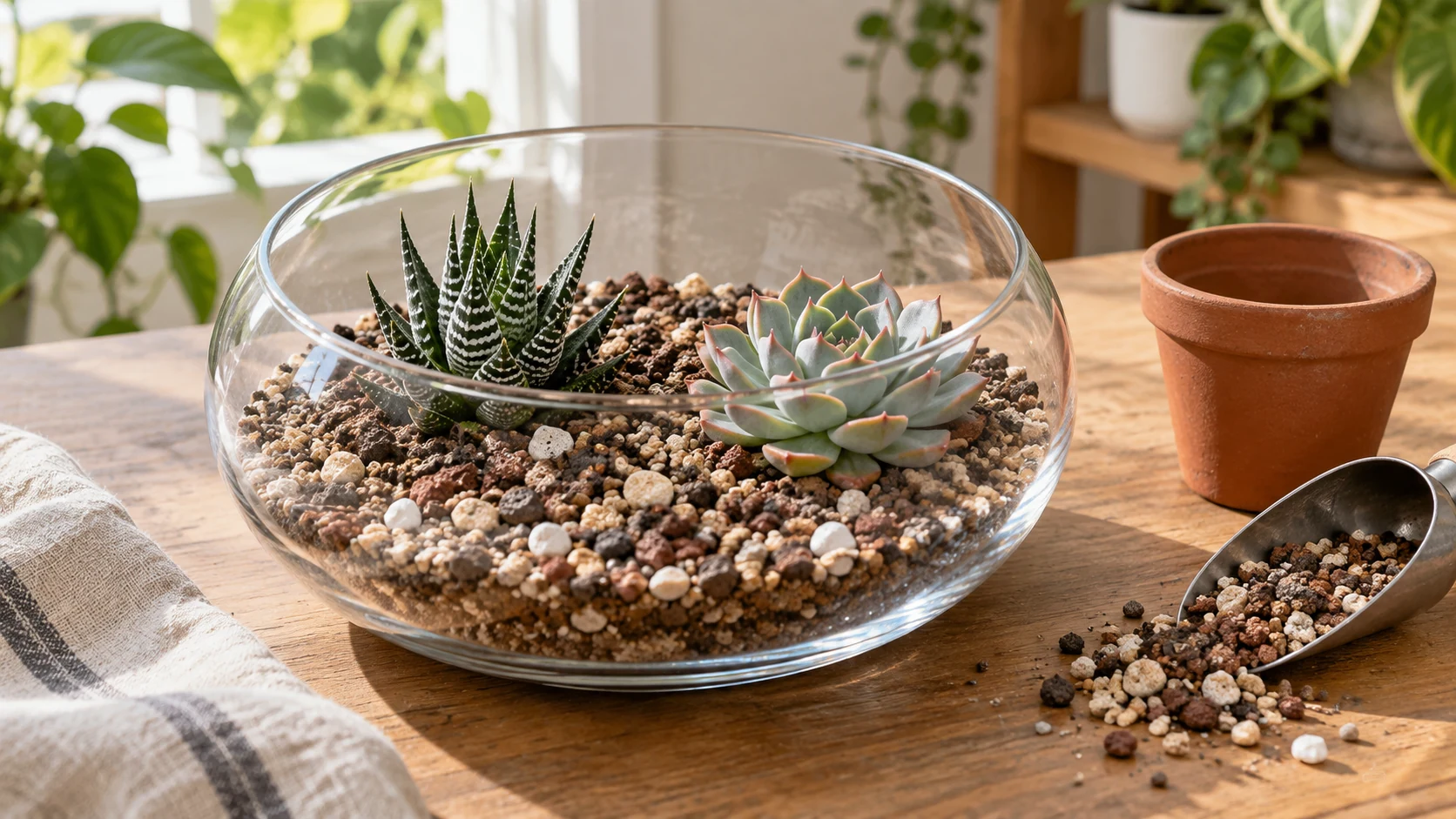 Un recipiente abierto de vidrio con una haworthia cebra y una roseta de echeveria en una mezcla mineral de aspecto seco