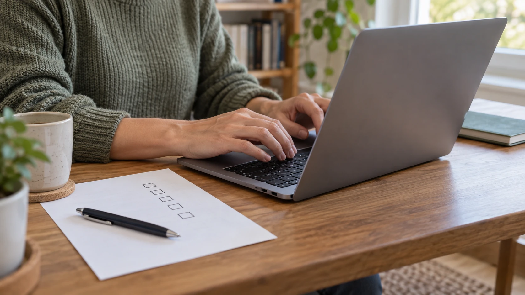 Hands using a laptop beside a paper checklist during an online survey session