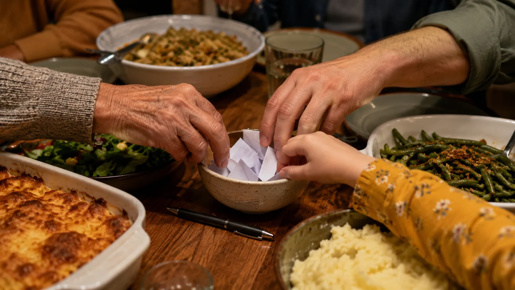 Mesa de jantar comprida posta para uma refeição de família, com uma tigela pequena de papéis dobrados e uma caneta entre as travessas, e várias mãos de idades diferentes se aproximando
