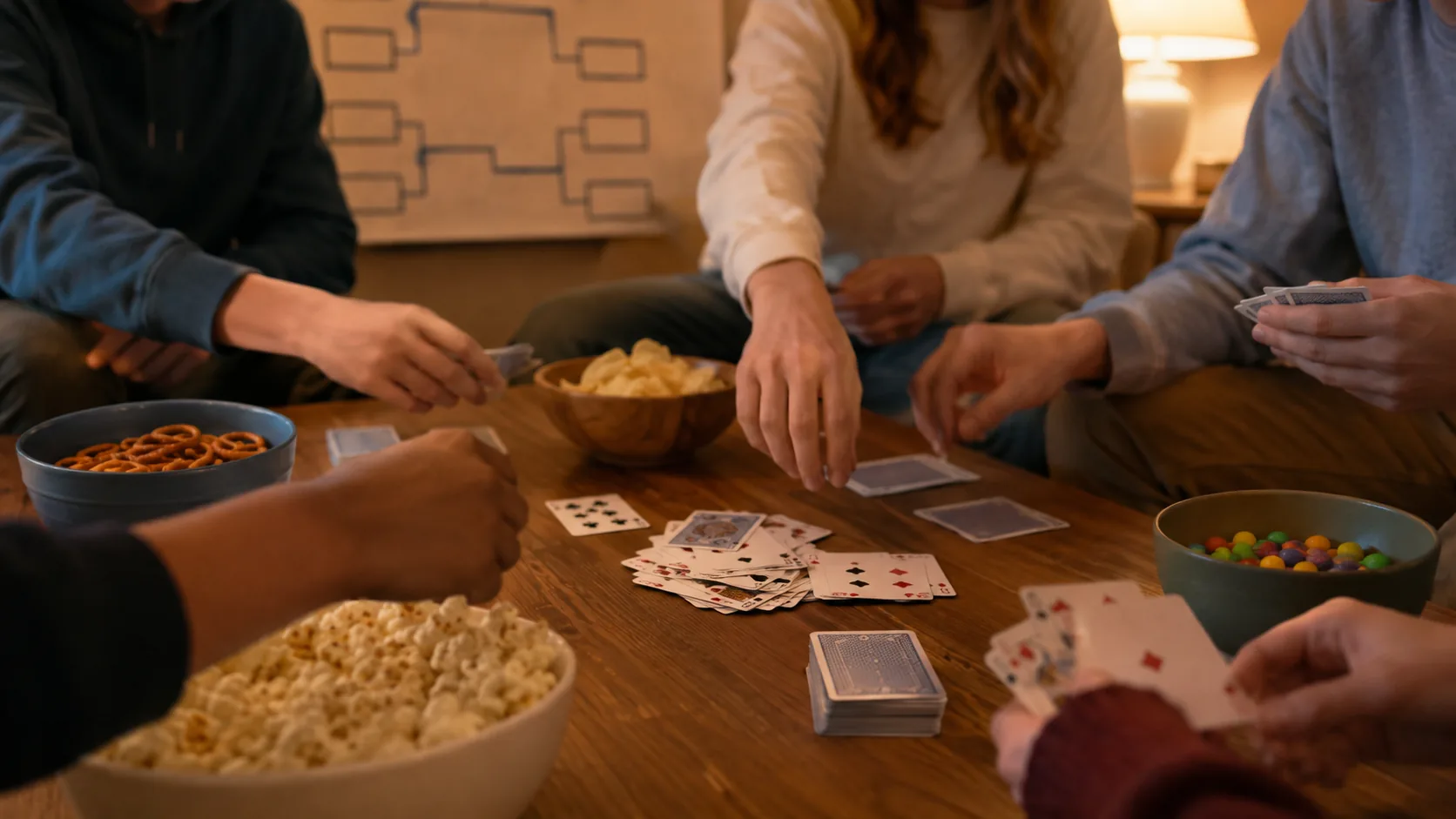 Mesa de salón preparada para una noche de juegos de adolescentes con un cuadro de torneo dibujado a mano en la pared, cartas a mitad de partida, cuencos de picoteo y varias manos acercándose
