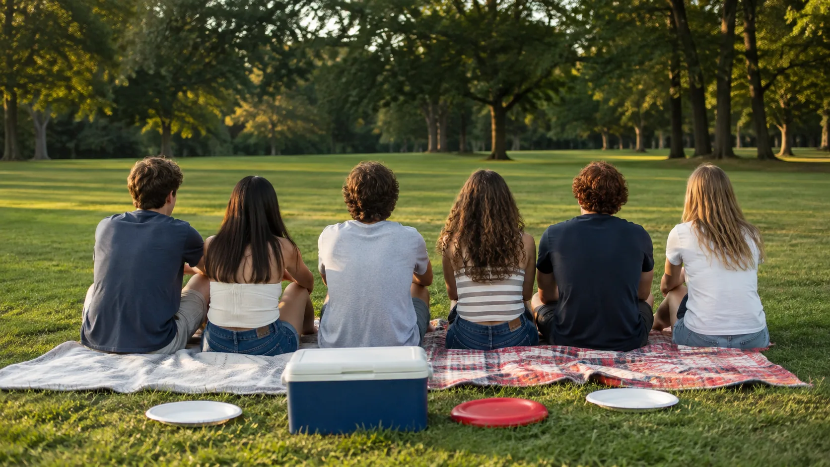 Grupo de adolescentes visto de espaldas sentado sobre mantas de picnic en un parque con luz de última hora de la tarde, con una nevera portátil, platos de papel y un frisbee sobre el césped
