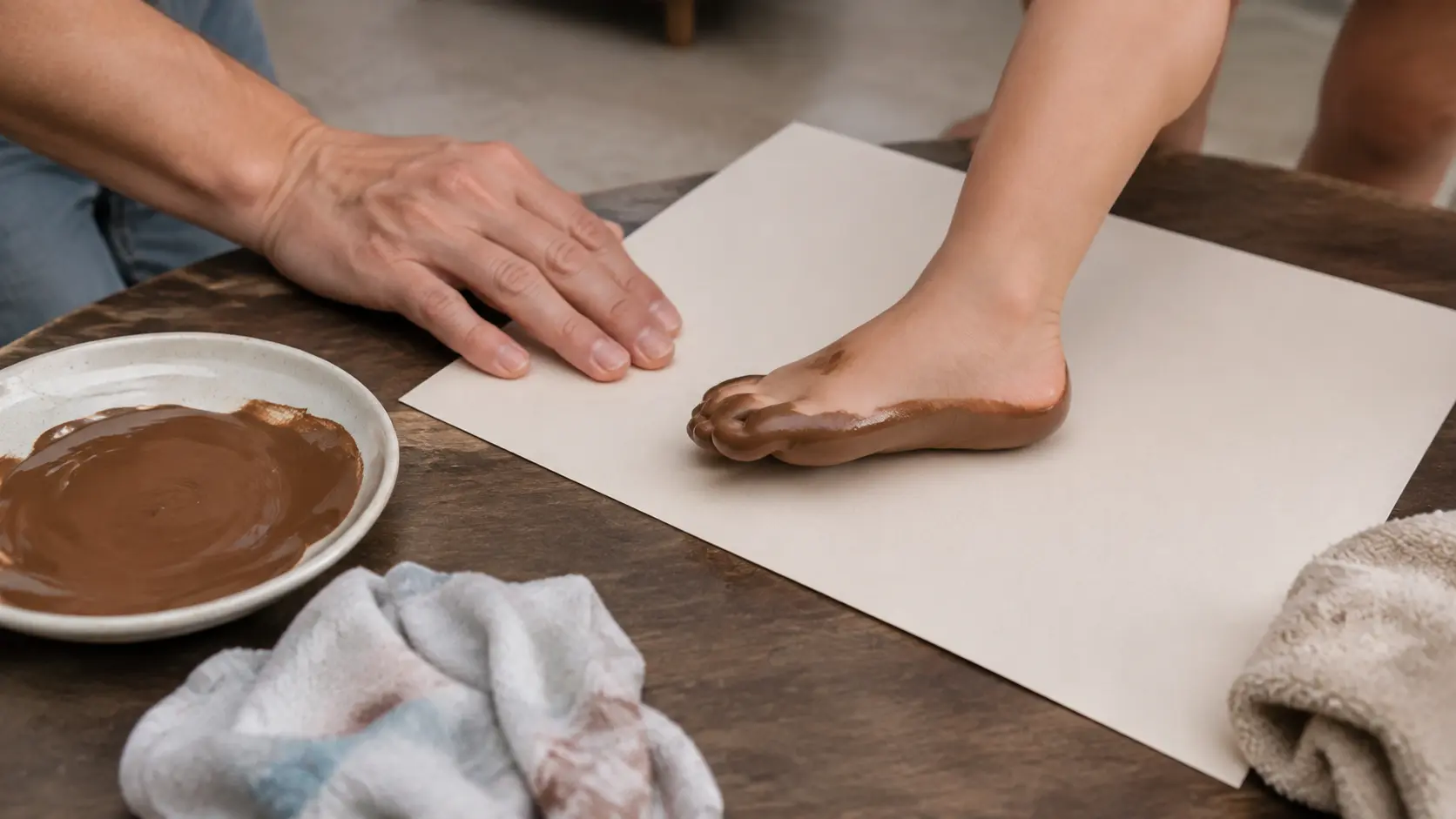 Mano de adulto sujetando una cartulina plana sobre una mesa baja mientras un pie pequeño descalzo pintado de marrón se presiona sobre ella, con un plato de pintura y un paño húmedo junto a la hoja