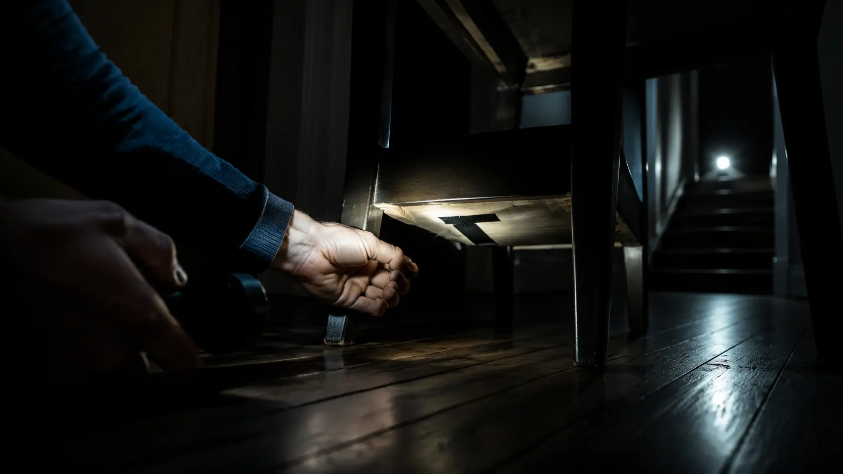 Facho de lanterna num corredor escuro iluminando uma forma pequena de papel preto colada embaixo de uma cadeira, com uma mão se aproximando e uma luz de pilha acesa no pé de uma escada ao fundo
