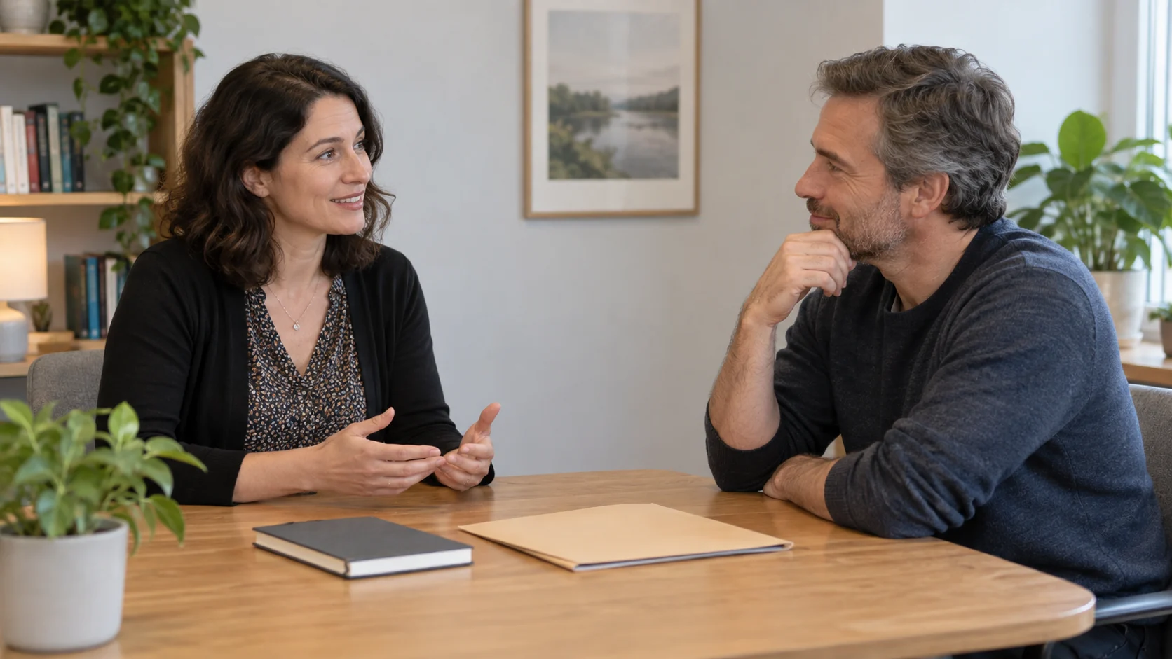 Two adults talking across a table with a closed notebook and folder