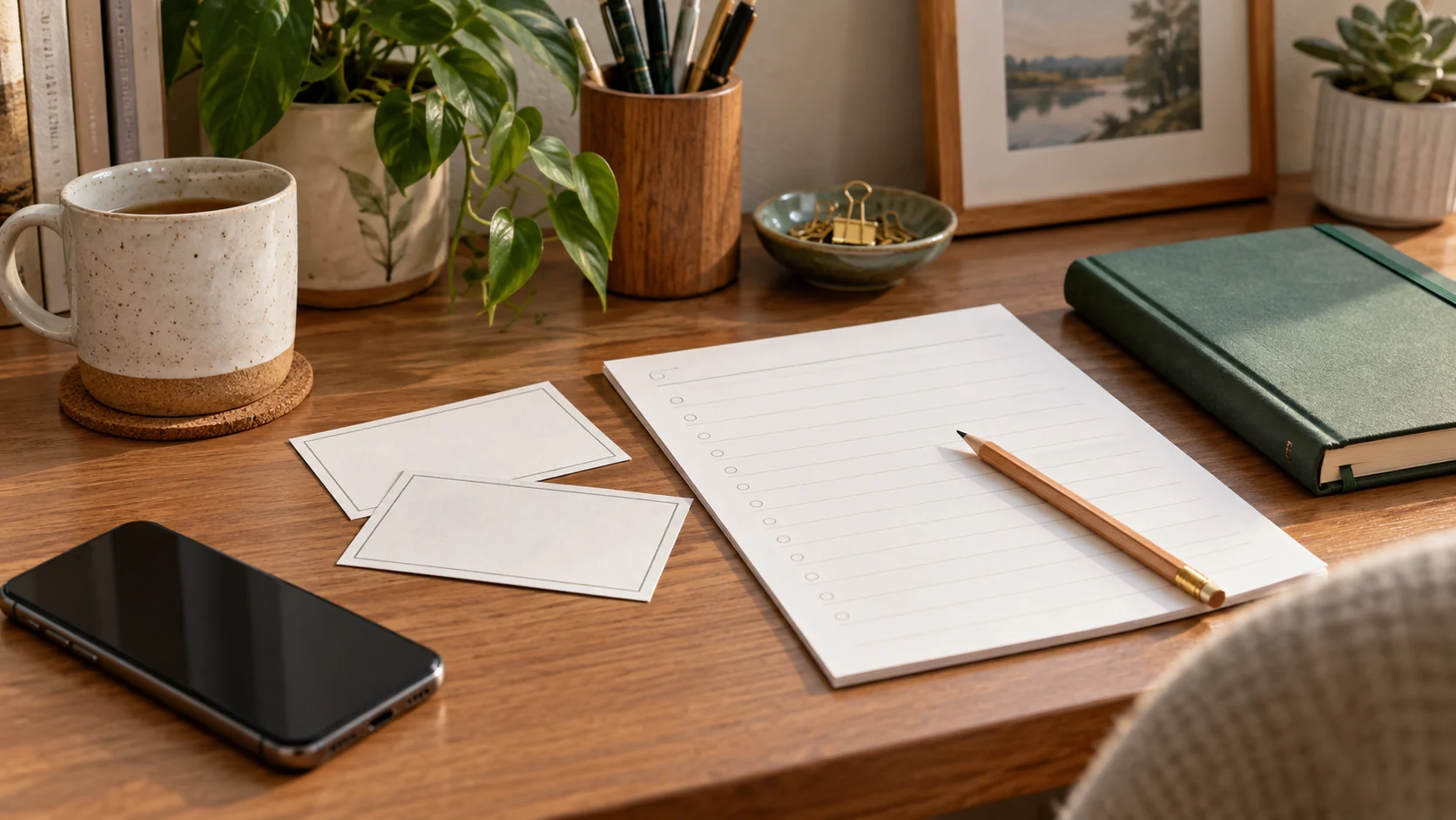 Two blank cards and a lined checklist beside a dark-screen phone