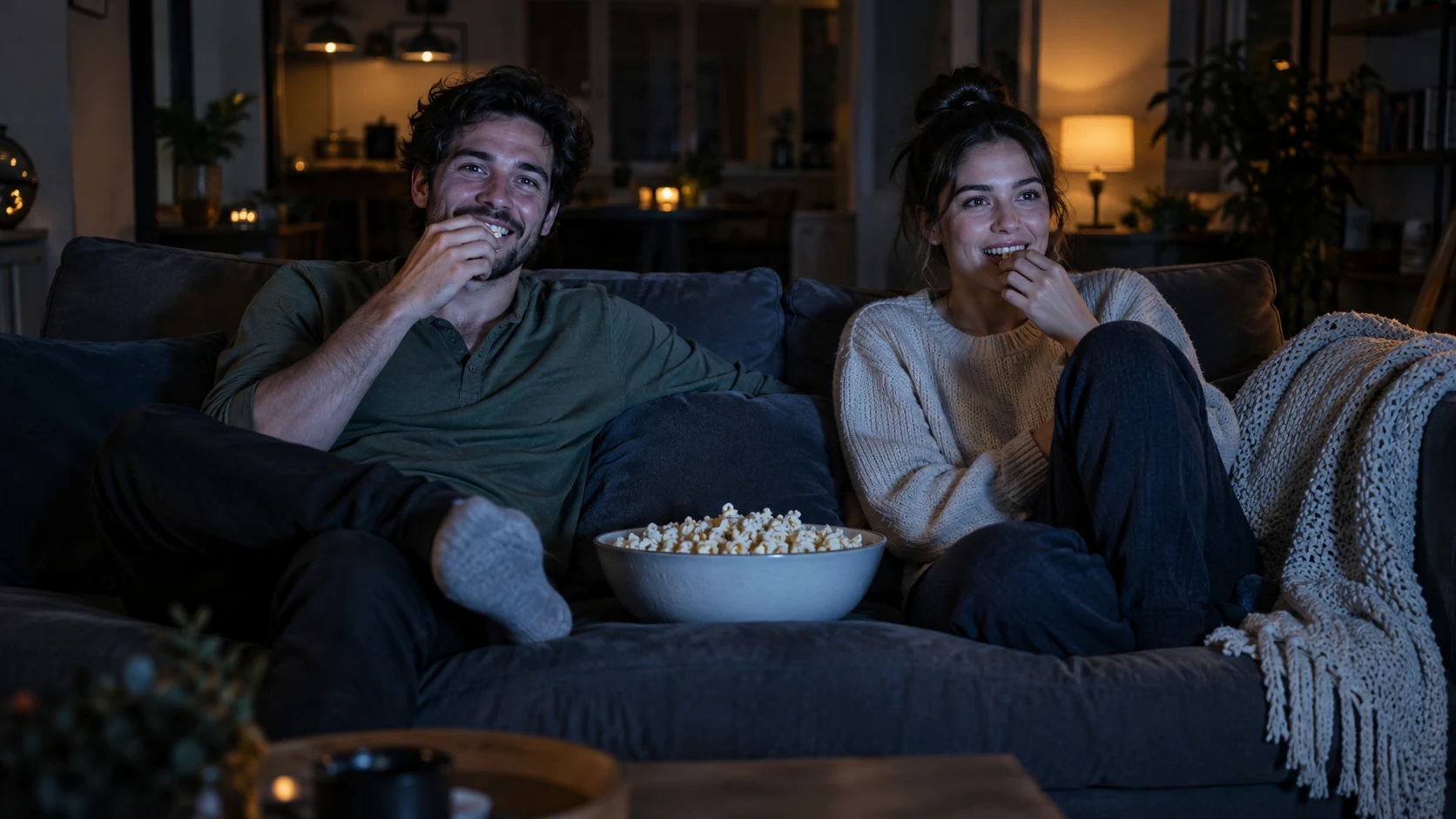 Dos amigos sentados en un sofá viendo una película en una sala oscura, un tazón entre ellos, ambos de frente a la pantalla