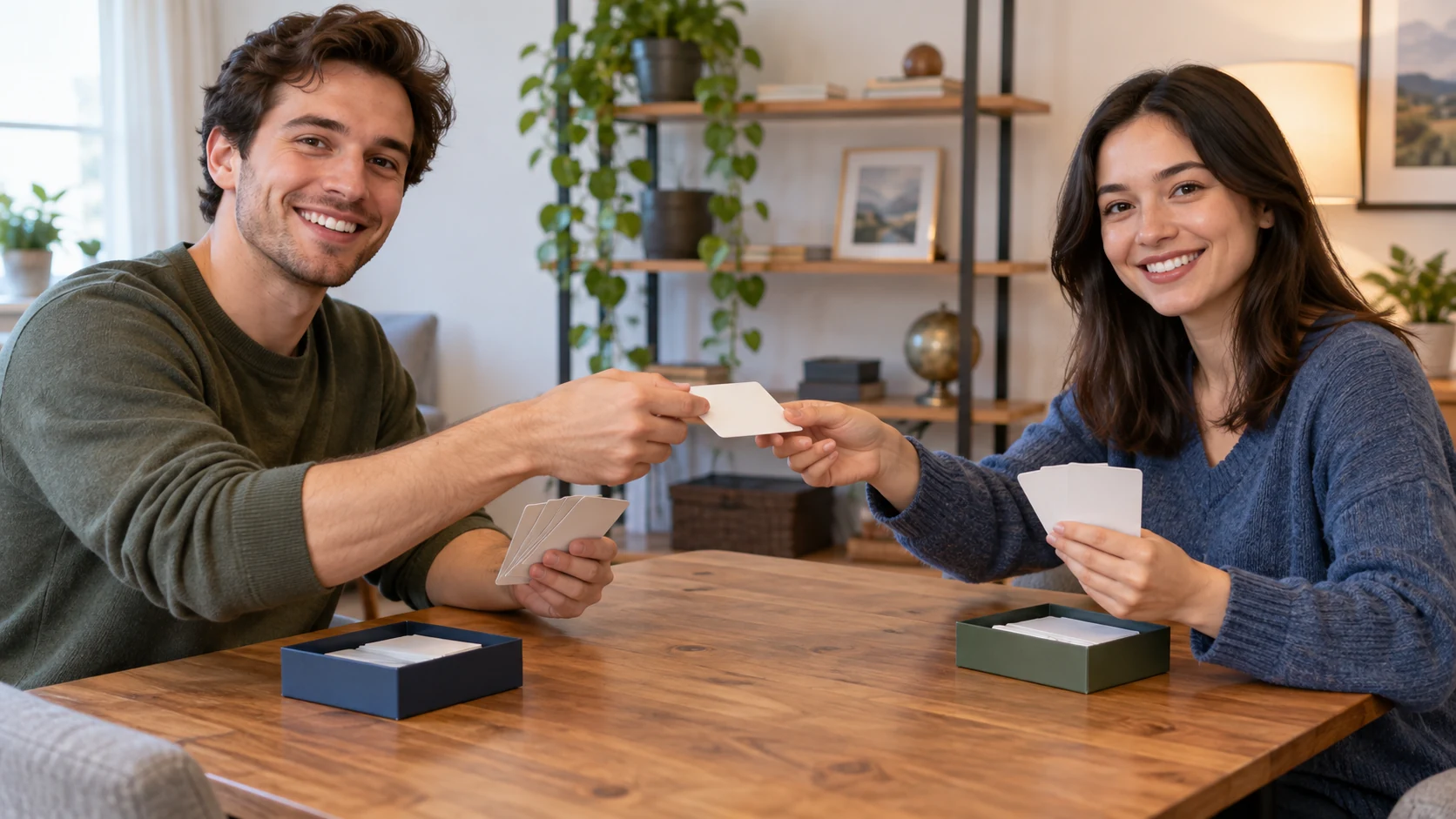 Dos amigos sentados frente a frente en una mesa intercambiando cartas, los dos sonriendo y de cara al frente