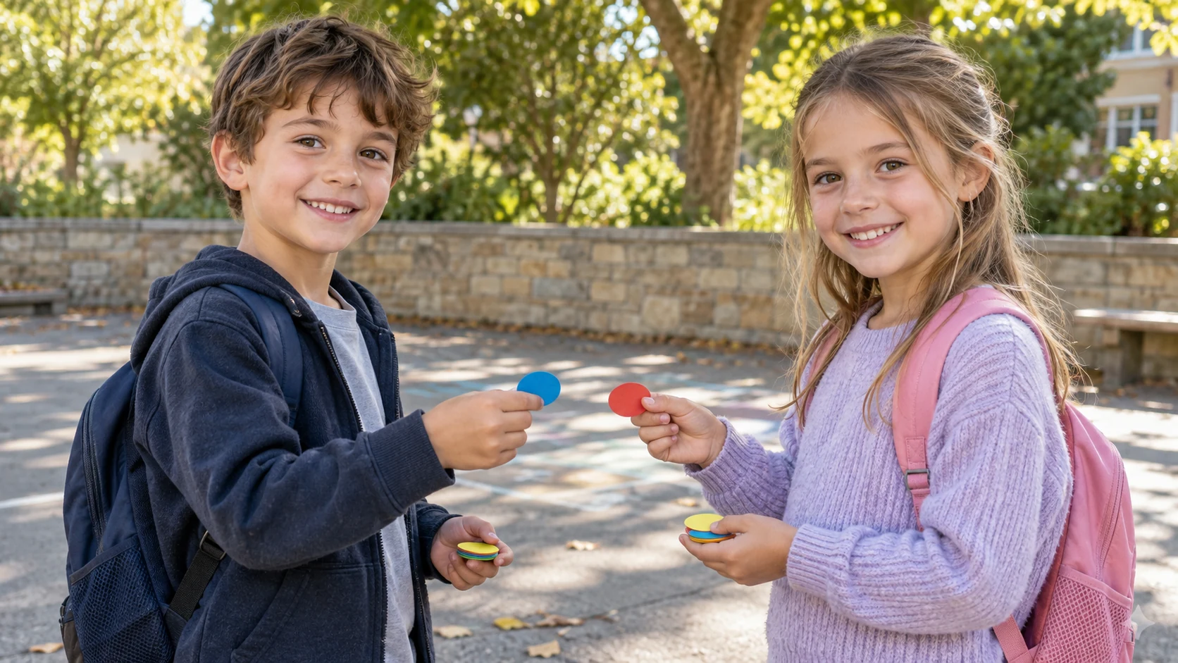 Dos niños frente a frente en el patio de la escuela sosteniendo pequeños montones de cromos e intercambiándolos