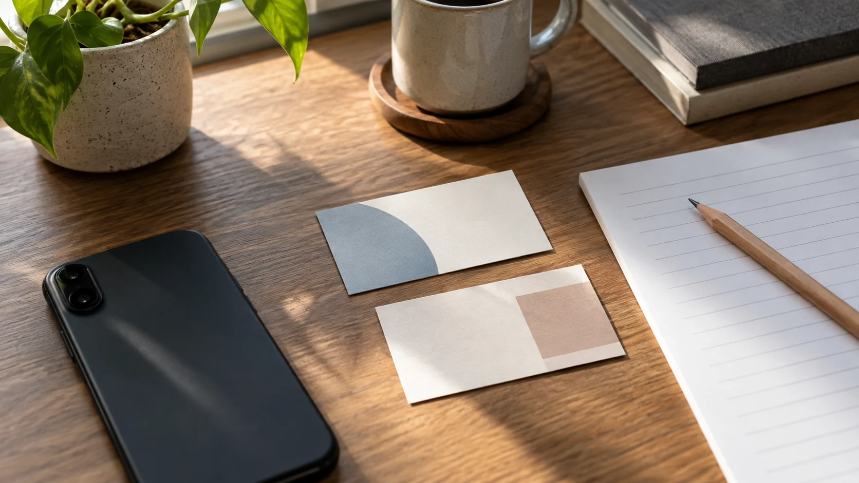 Two unbranded cards beside a blank lined sheet and phone on a desk