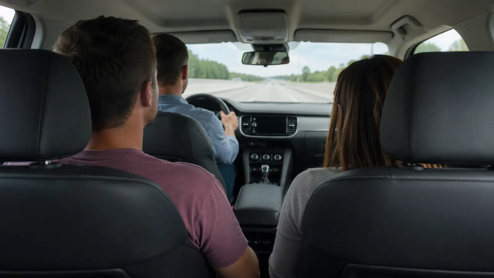 Dos pasajeros vistos de espaldas en el asiento trasero de un coche en una autopista de día, cabezas giradas uno hacia el otro, el conductor visible solo de espaldas y mirando la carretera
