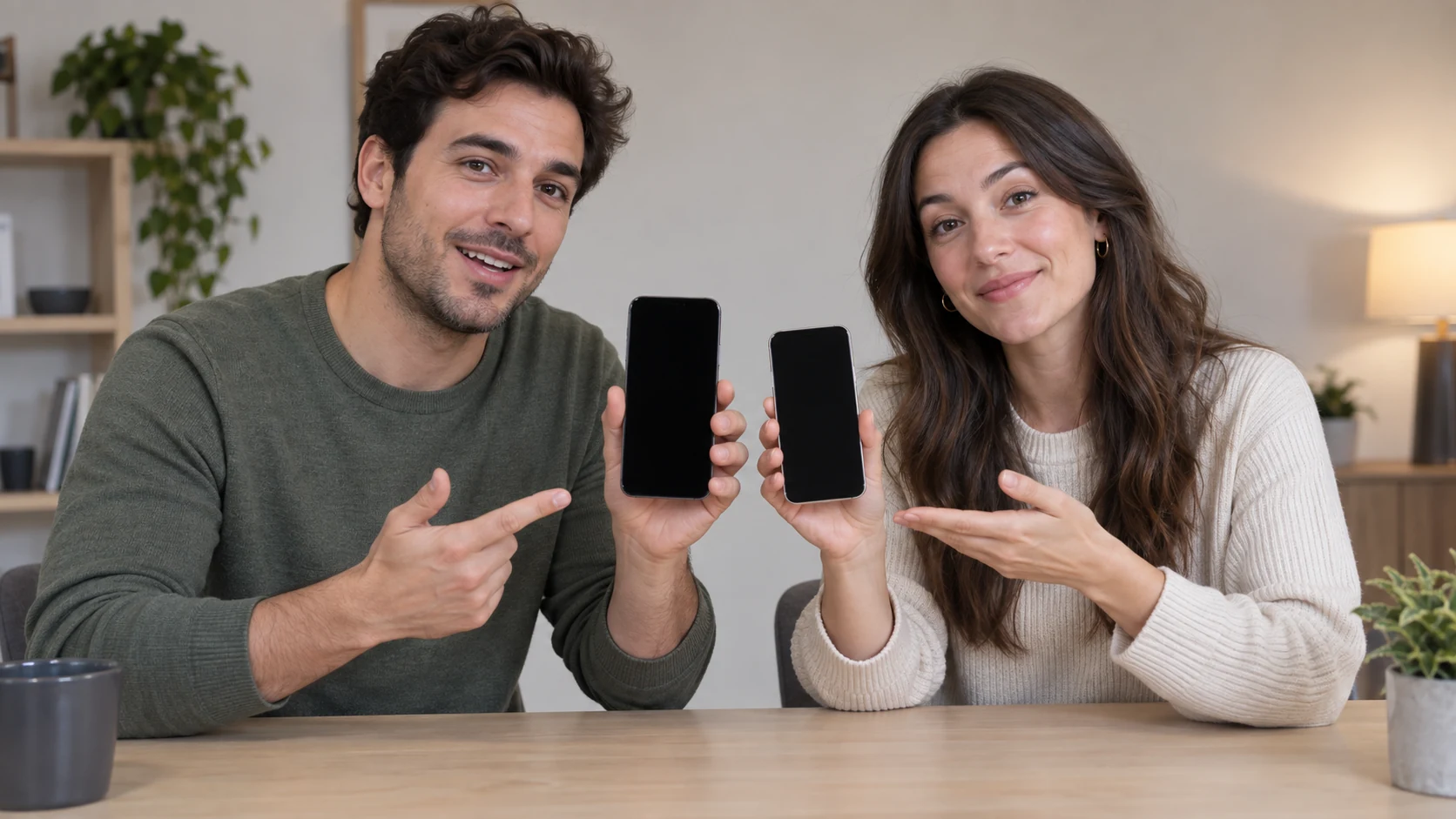 Dos personas en una mesa comparando dos celulares lado a lado