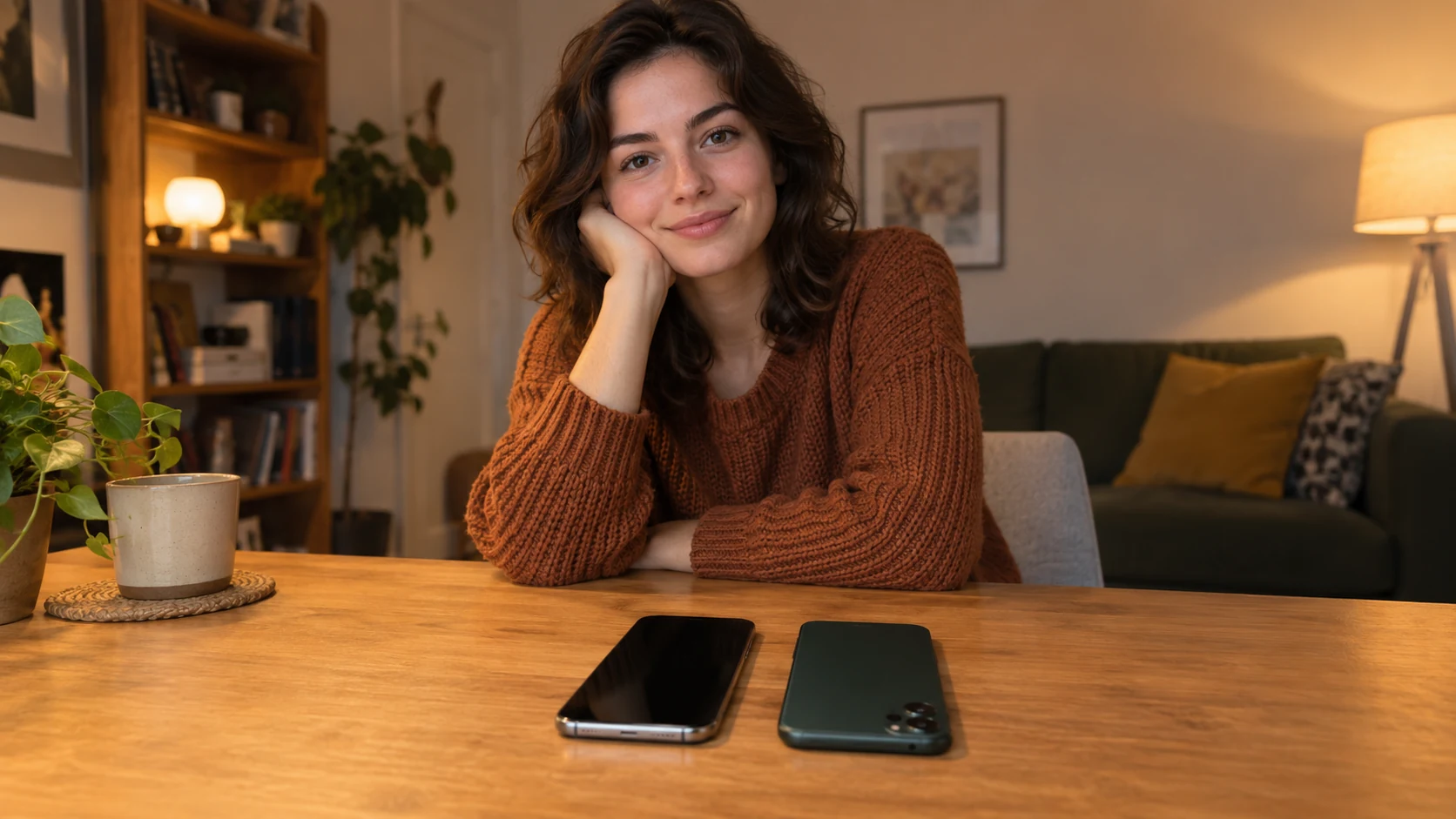 Dos celulares uno al lado del otro sobre una mesa, uno boca abajo, una persona sentada detrás de ellos