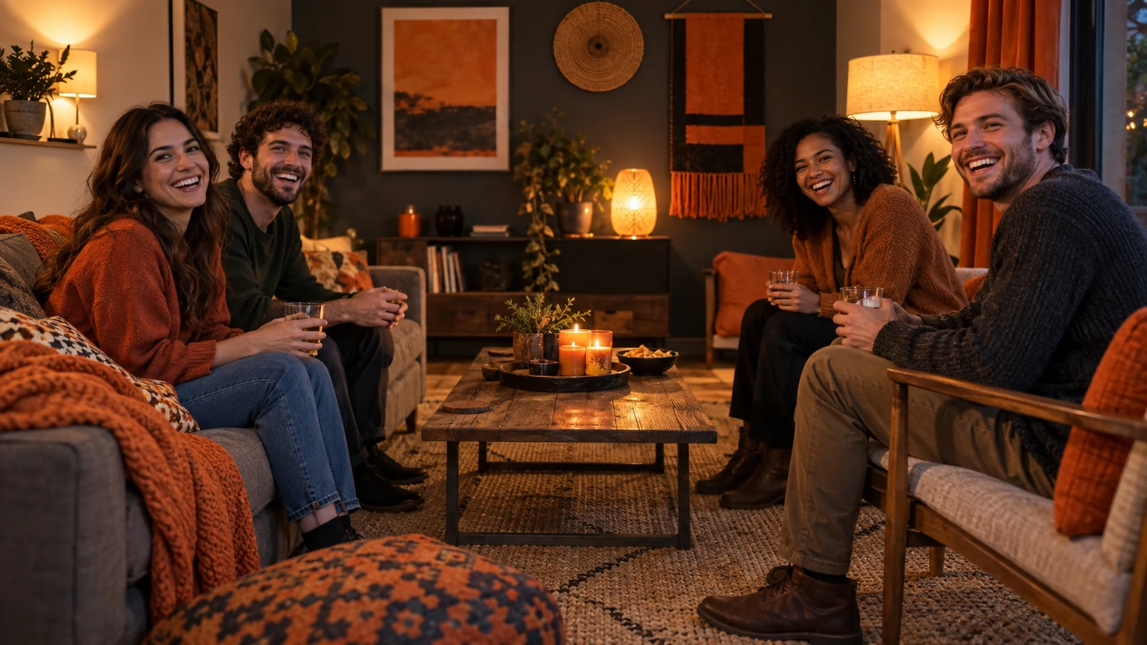 Dois times de amigos frente a frente na sala de estar, rindo, com os rostos voltados para a câmera e decoração laranja e escura na parede ao fundo