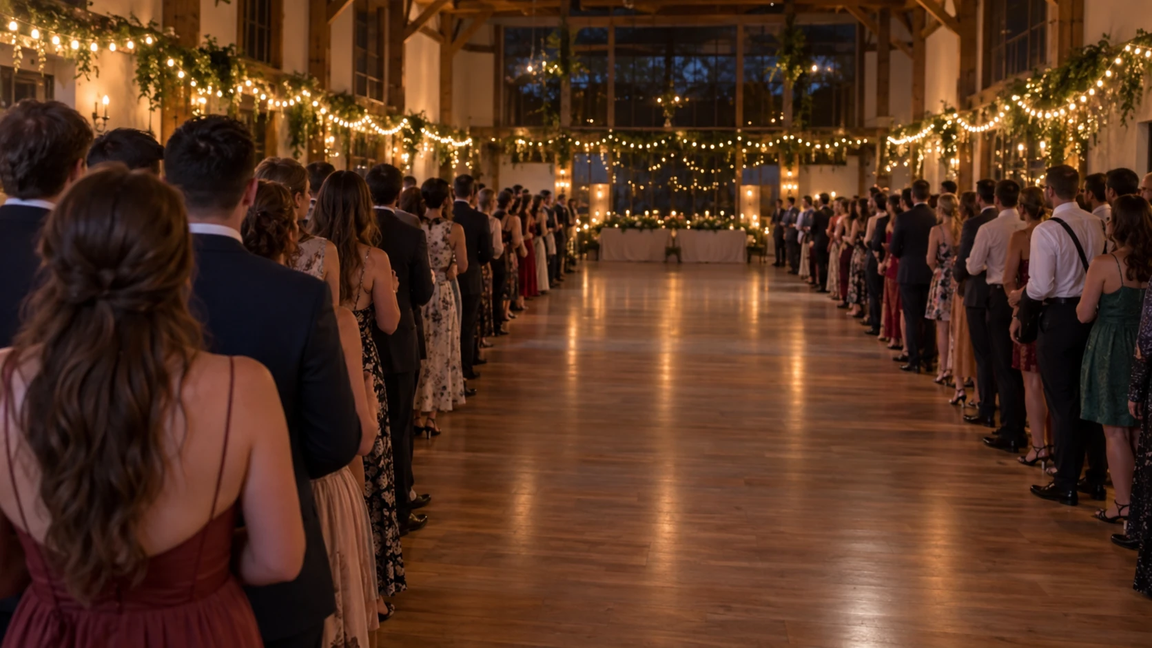 Two lines of people facing each other across a long hall decorated with string lights, seen from behind, no faces in focus