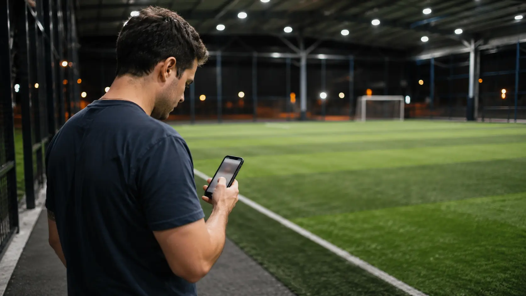 Encargado de un complejo deportivo de pie junto a una cancha cubierta mirando el celular, con la pantalla desenfocada y la pista iluminada al fondo