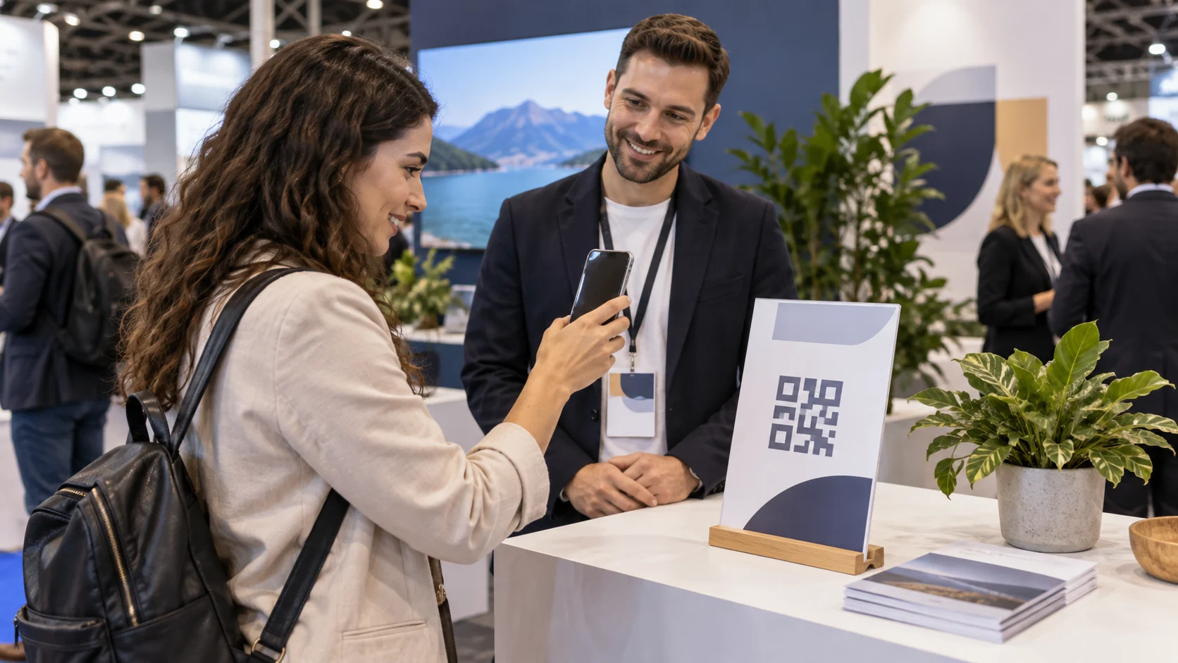 Visitor opening an exhibitor's public booth information from a sign