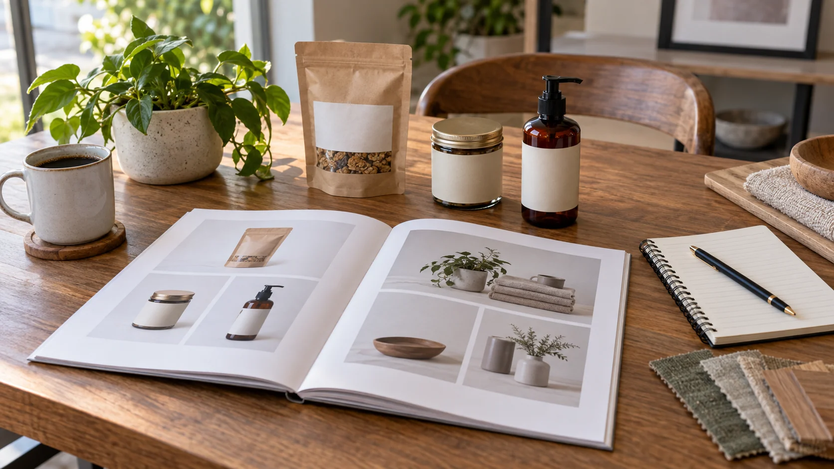 Generic product samples beside an open catalog and notebook