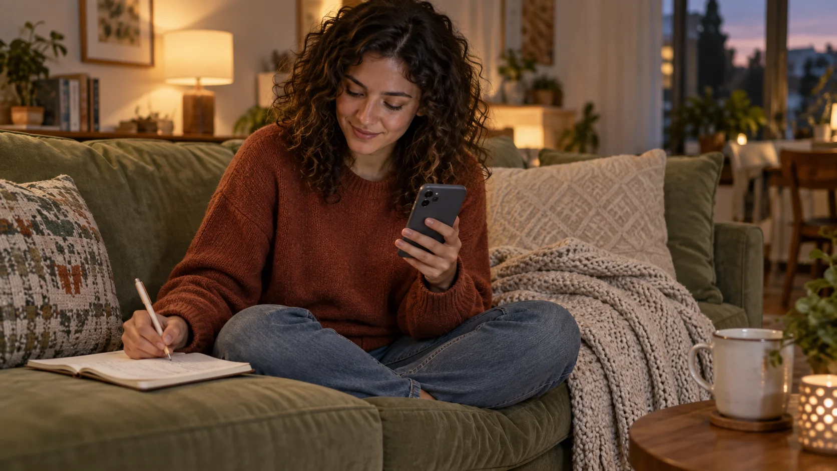 Jovem mulher no sofá segurando o celular e conferindo os detalhes de uma tarefa de jogo em um caderno ao lado