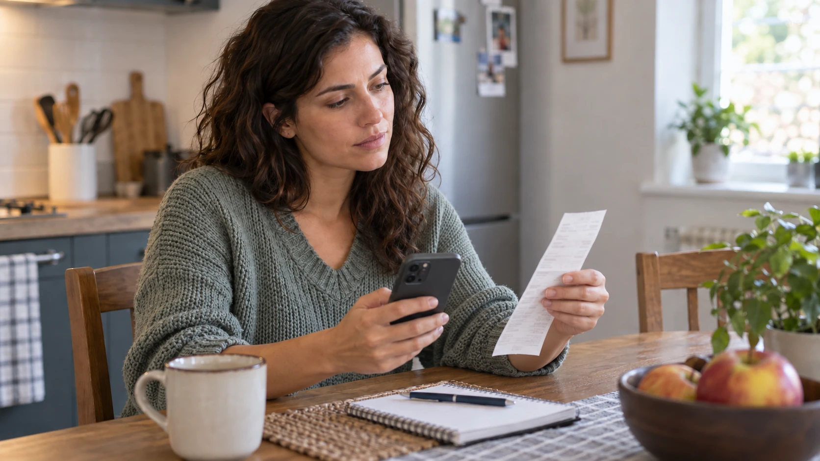 Woman checking a phone while holding a grocery receipt