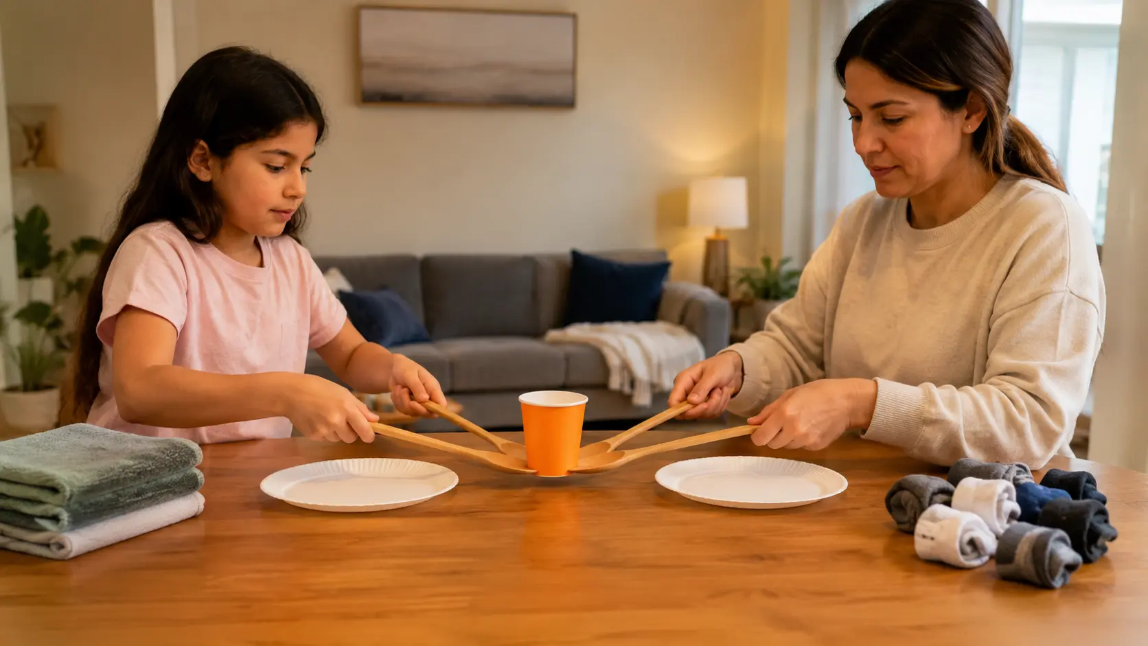 Dos personas usando cucharas de madera para llevar un vaso de papel entre dos platos en una mesa de fiesta de Halloween, con medias enrolladas, paños doblados y un temporizador al lado