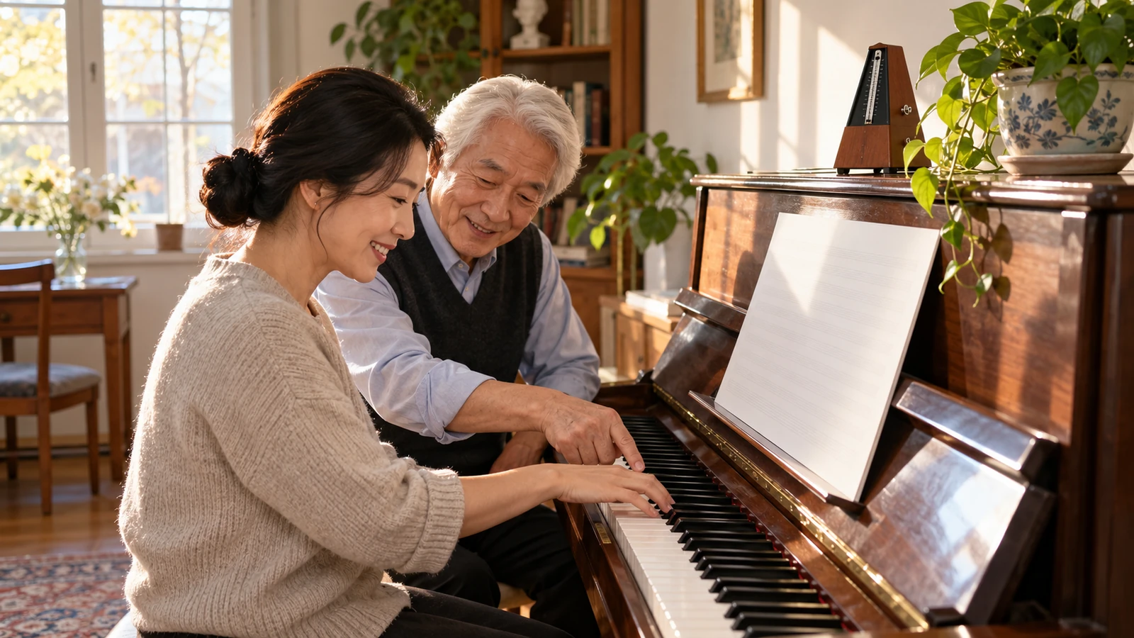 Piano teacher pointing at a group of two black keys for an adult beginner