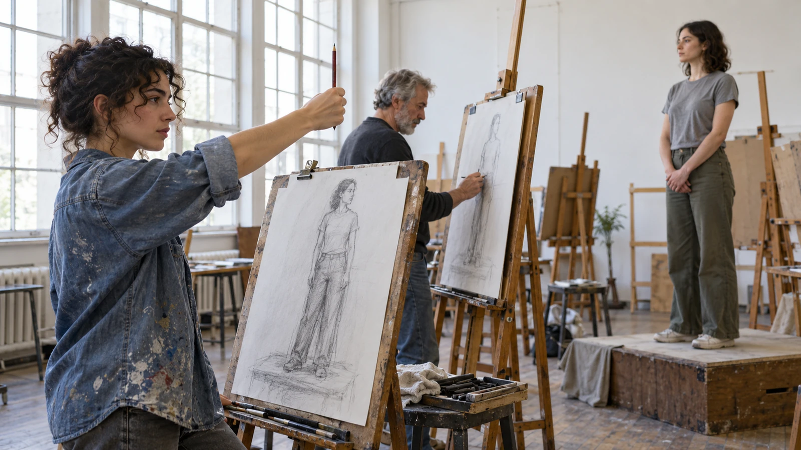 Art student measures a model's head with a pencil held at arm's length