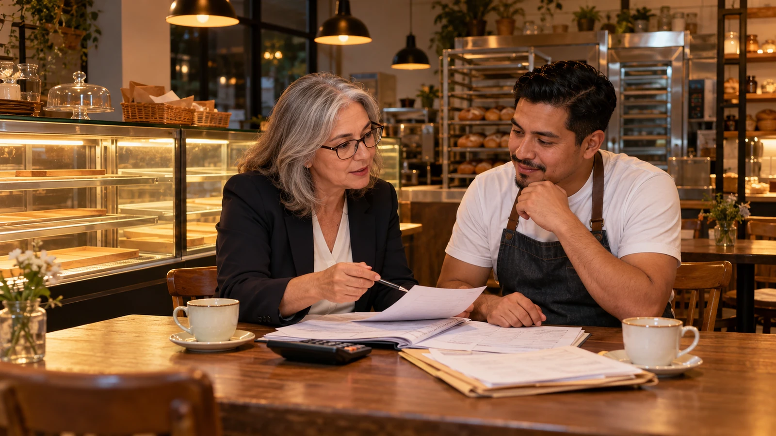Bookkeeper reviewing paper ledgers with a bakery owner at a table after closing