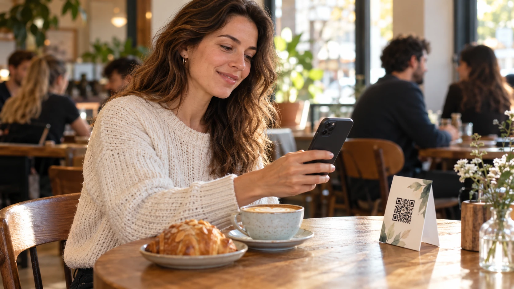 Café customer smiling while she scans a small Wi-Fi table card with her phone next to a cup of coffee